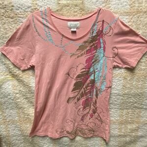 Wrangler Blues Pink Tee With Feather Pattern Size XL